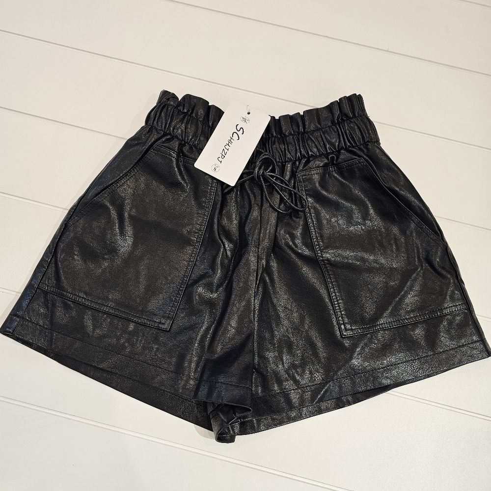 Faux Leather Shorts Women’s Size Small Black High Rise Pockets Tie Waist Party